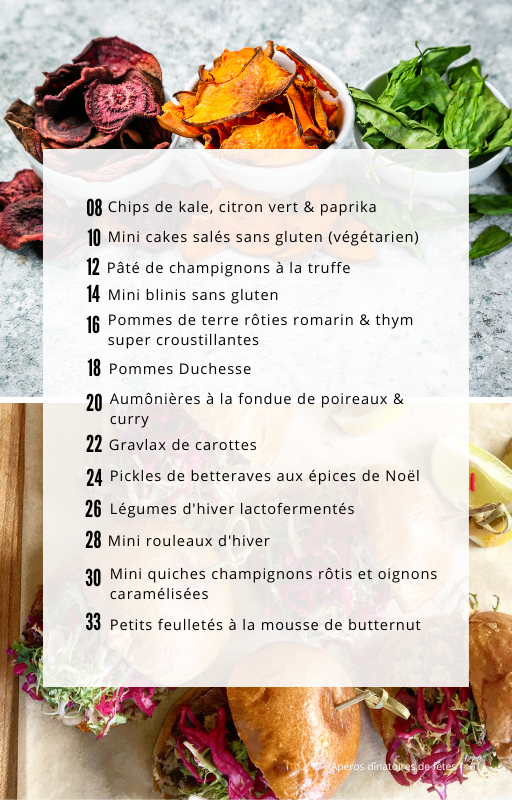 Sommaire de l'e-book Apéros dînatoires de fêtes, recettes végétales